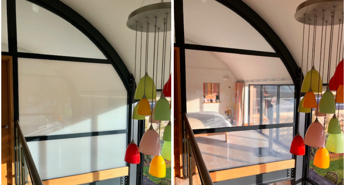 open plan view of how to incorporate switchable glass to provide instant privacy when needed