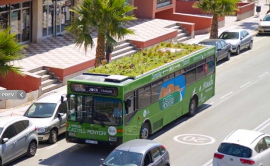 a small roof top garden on top of a city bus