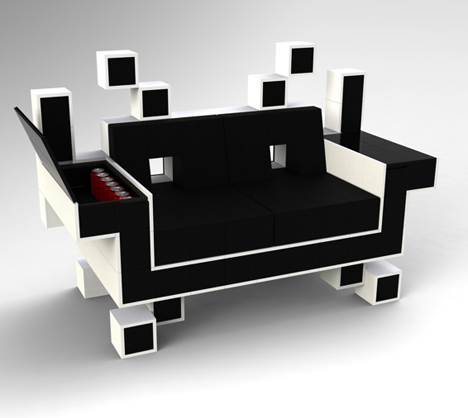 a space invader couch with a secret mini-fridge built in to the arm