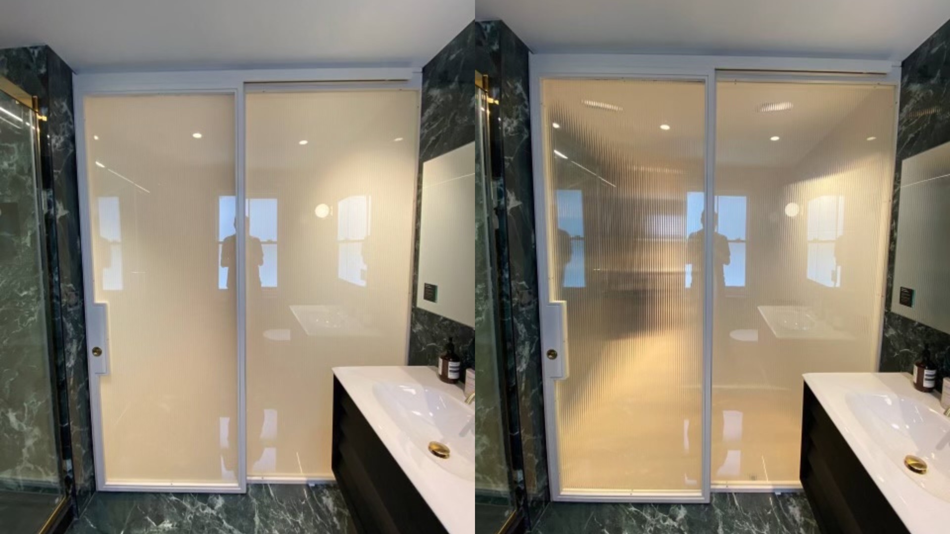 The flick of a switch transforms these sliding bathroom doors to opaque or transparent, offering privacy as needed.