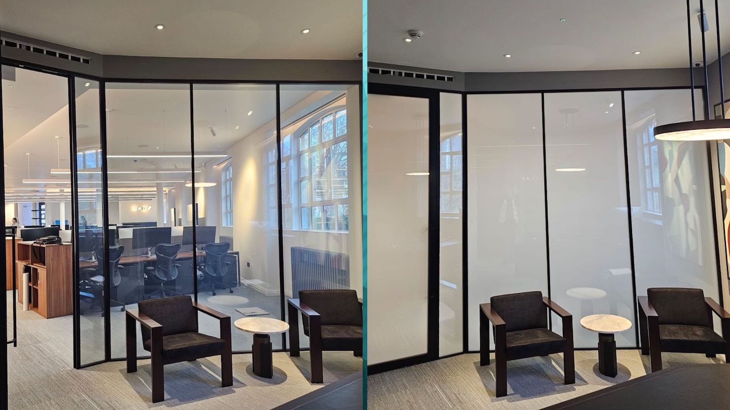 Privacy smart glass lends itself well to innovative office designs, offering timeless design quality with on-demand privacy.