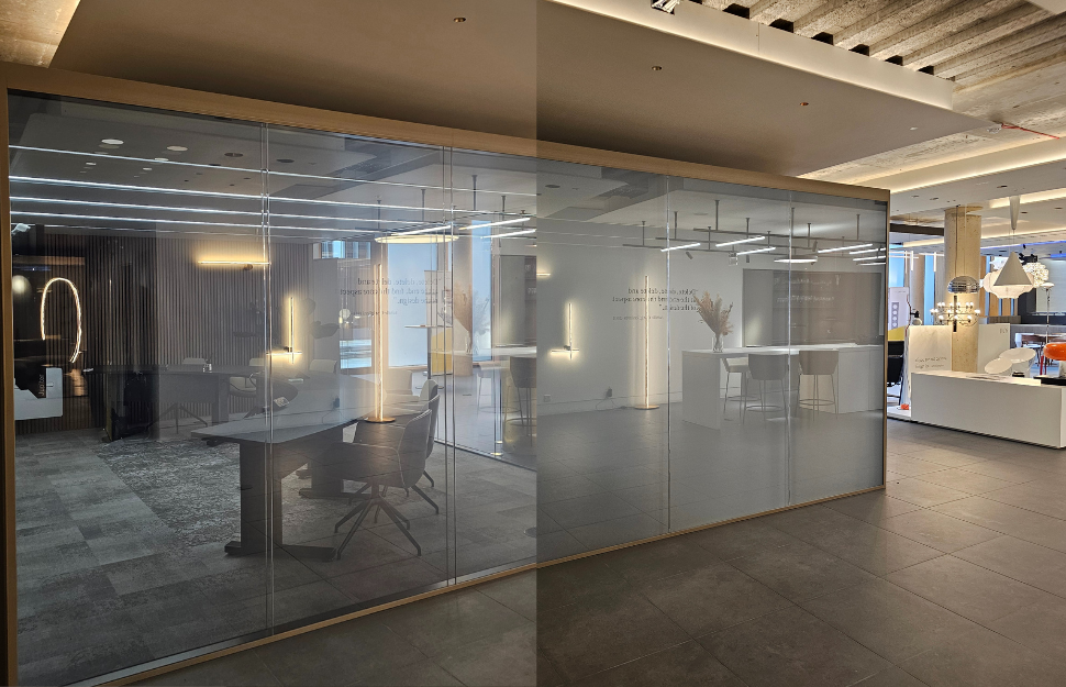 Smart glass partitioning solutions from Smartglass International integrate beautifully with Optima's Adjustable Meeting Room design.